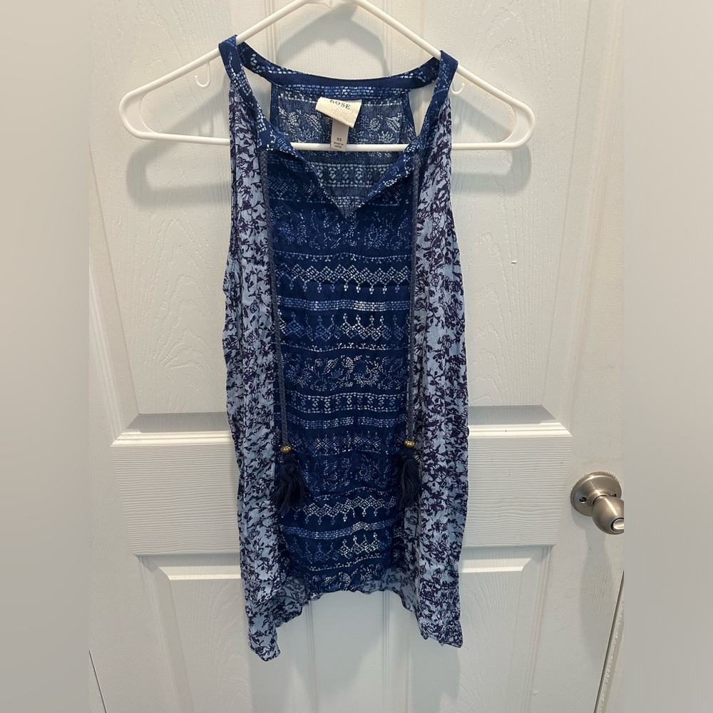 Knox Rose Navy and Light Blue Patterned Tassel Top